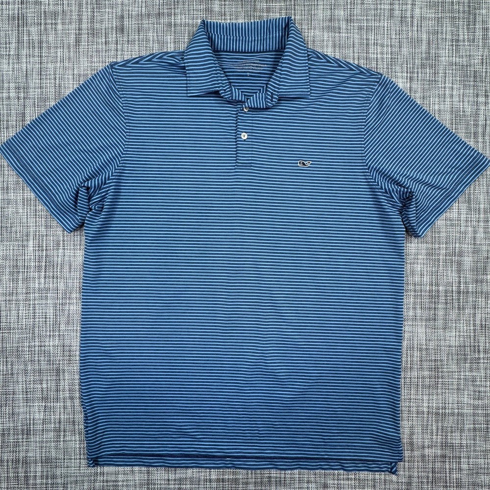 Vineyard Vines Mens On The Go Sankaty Polo Shirt Blue Striped Performance Large